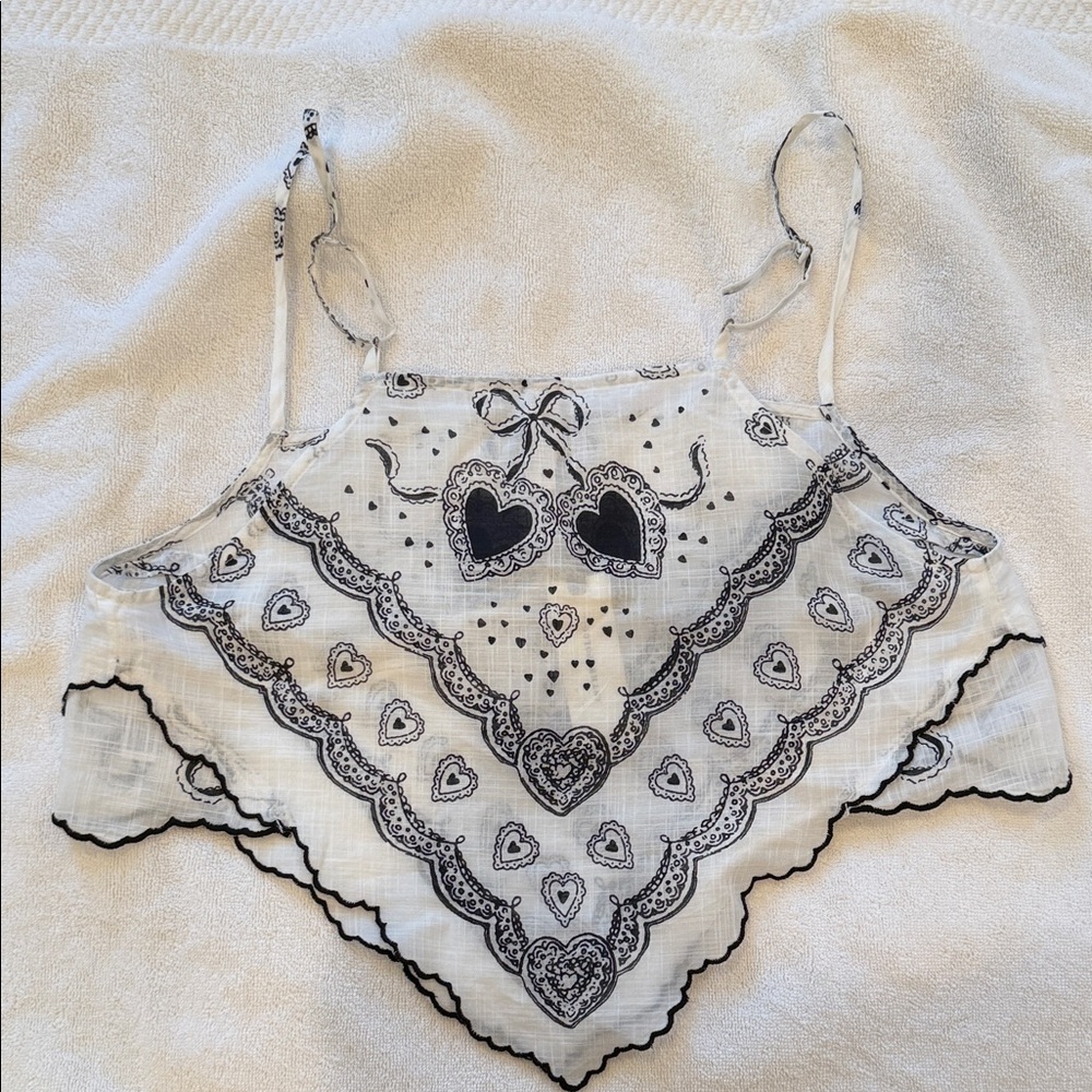 Anthropologie White Scarf-Style Handkerchief Tank with Black Heart Print